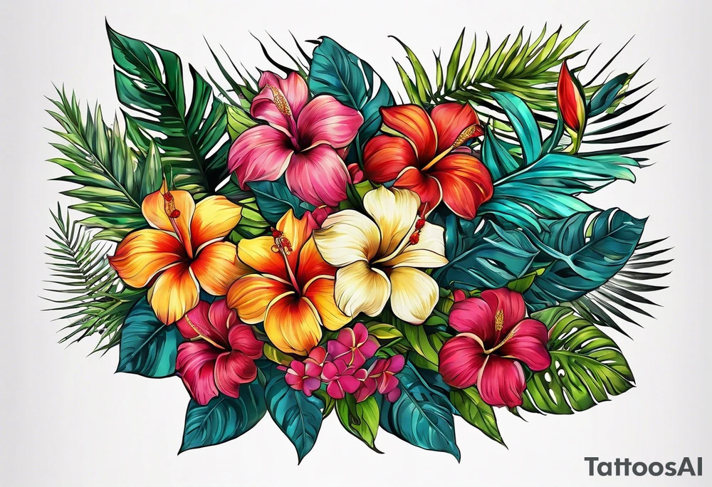 TROPICAL FLORAL, PHILLIGRY, INTRIATE, DETAILED, COLORFUL, BRIGHT, STREETWEAR, URBAN WEAR. CLIP ART tattoo idea