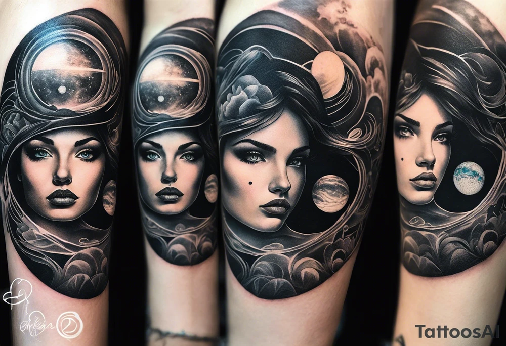 A surrealistic forarm tattoo featuring beautiful woman’s face with glowing eyes holding a planet in her hand. Above her head is a man being lifted up into a black hole tattoo idea