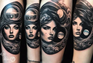 A surrealistic forarm tattoo featuring beautiful woman’s face with glowing eyes holding a planet in her hand. Above her head is a man being lifted up into a black hole tattoo idea