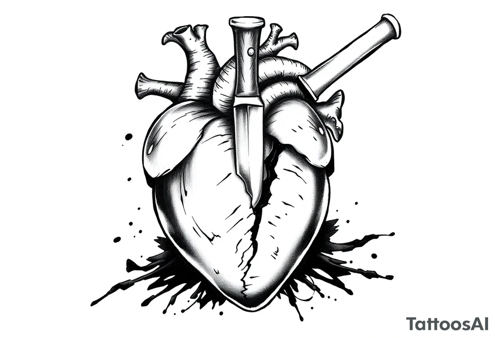 A brown heart that has a knife in it and shows pain tattoo idea