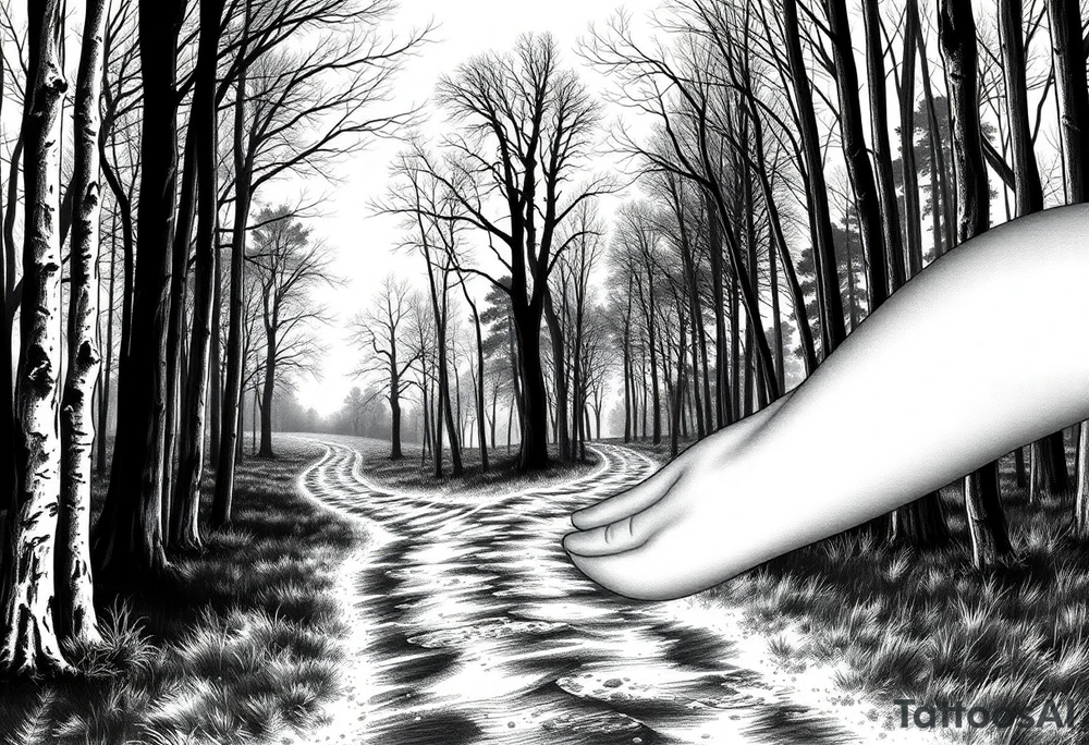 Dunkle Wald Lichtung bei Nacht,  ein Pfad zum Friedhof der im Hintergrund tu sehen ist tattoo idea