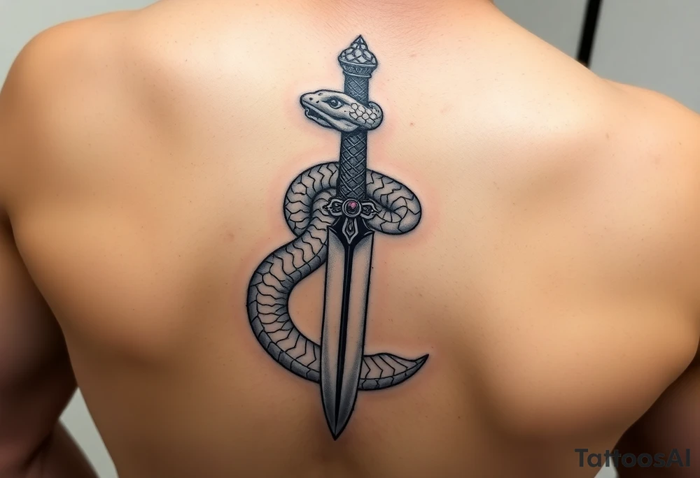 mystical snake coiled around an ancient dagger with jeweled hilt tattoo idea