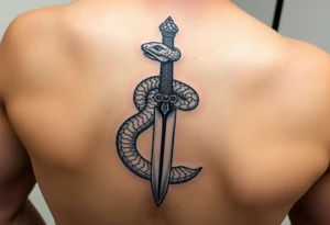 mystical snake coiled around an ancient dagger with jeweled hilt tattoo idea