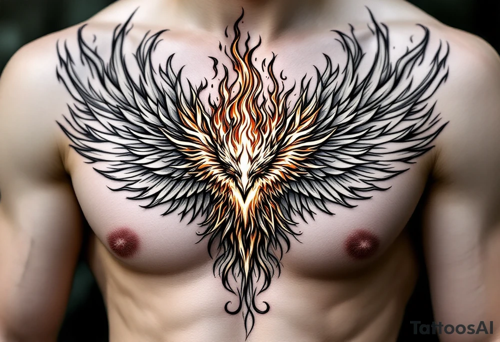 Realistic and symmetrical flaming Phoenix rebirth with spread low wings surrounded by fire mapped onto chest only
Phoenix head must be in the middle of the chest, straight and symmetrical 
Fire should be surrounding spread wings
Wings should be spread low only on chest muscle tattoo idea