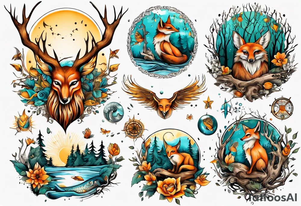 sonne, eule  wald, fuchs 
baum, sapere aude, Wasser, fisch tattoo idea