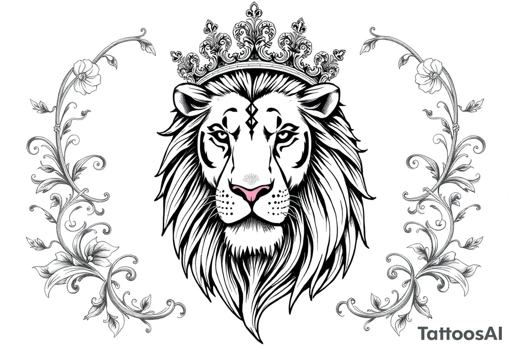 majestic lion wearing ornate crown, surrounded by baroque flourishes tattoo idea