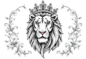 majestic lion wearing ornate crown, surrounded by baroque flourishes tattoo idea