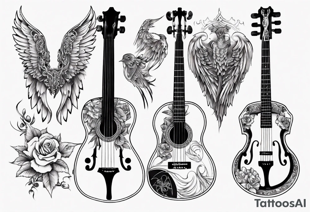 CROSSEED ACOUSTIC GUITAR AND VIOLIN WITH WINGS tattoo idea