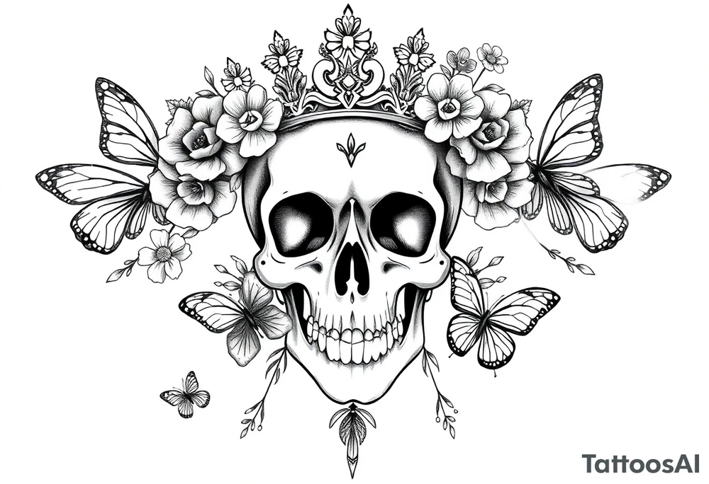 ornate skull adorned with gothic crown surrounded by boho flowers and butterflies tattoo idea