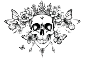 ornate skull adorned with gothic crown surrounded by boho flowers and butterflies tattoo idea
