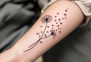 Dandelion flowing to air with these words on stem in cursive (Rix Rys & Ari) long elegant stem with subtle shadowing through drawing in pink hues tattoo idea