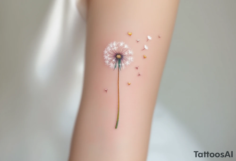 A delicate dandelion tattoo with soft white seed tufts, gently floating away in the wind, transforming into tiny golden hearts. The stem is a thin, elegant line in a subtle gradient of emerald green and soft brown, adding a natural touch. The seeds are carried by a gentle breeze, fading into a dreamy watercolor effect of pastel pink, lavender, and sky blue, symbolizing wishes, love, and new beginnings tattoo idea