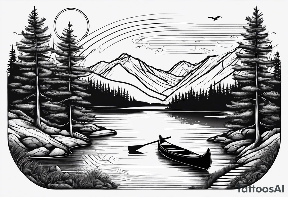 Path to lake by pine tree with canoe tattoo idea