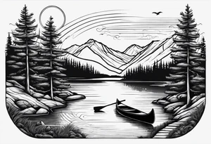 Path to lake by pine tree with canoe tattoo idea