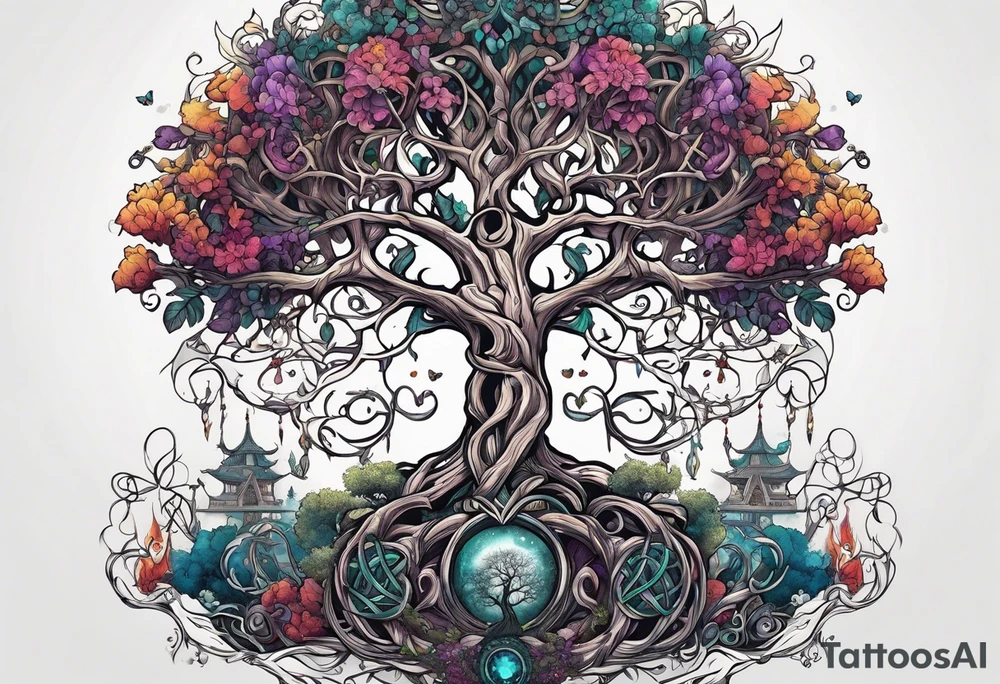 Skeletons beneath Celtic tree of life tattoo idea
