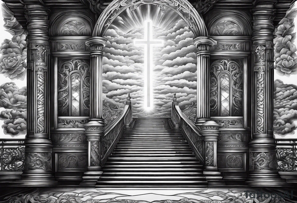 Staircase that goes up to heaven and ends at the gates of heaven. at the end there is a bright light tattoo idea