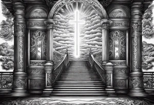 Staircase that goes up to heaven and ends at the gates of heaven. at the end there is a bright light tattoo idea