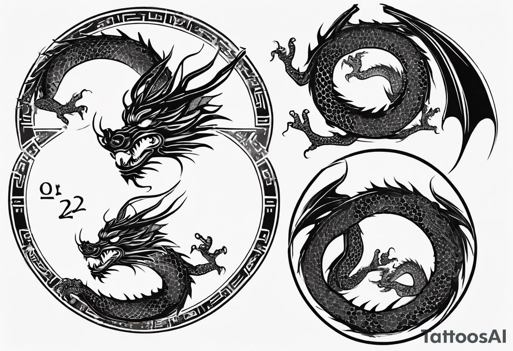 Chinese dragon in a circular shape with "02.03" written on its skin tattoo idea