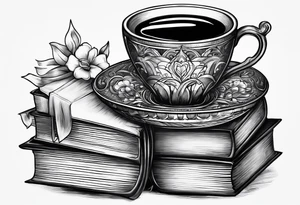 4 stacked books with a cup of coffee on top tattoo idea