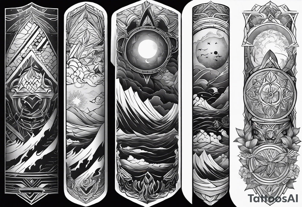 From left shoulder to forearm sleeve tattoo. Fine line geometric, concept design tattoo, ocean thunder fire nature, viking tattoo idea