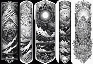 From left shoulder to forearm sleeve tattoo. Fine line geometric, concept design tattoo, ocean thunder fire nature, viking tattoo idea