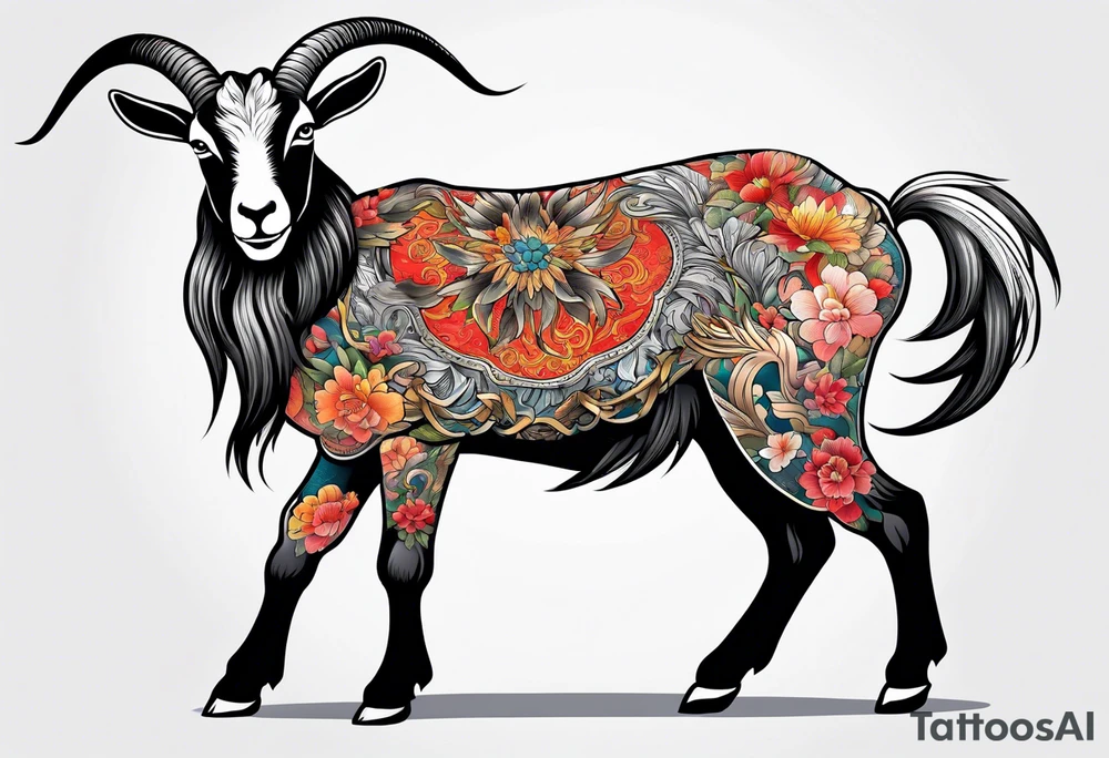 traditional chinese style goat with full body tattoo idea