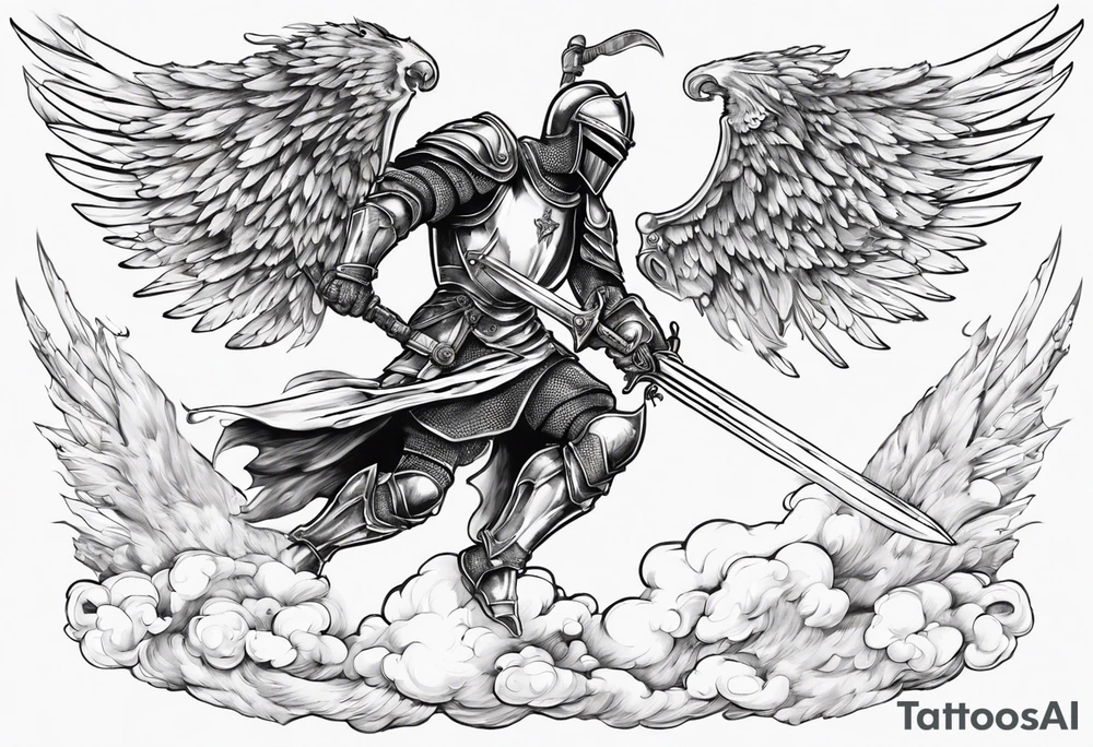 A Winged Paladin Knight in mid-air with his sword about to attack. tattoo idea