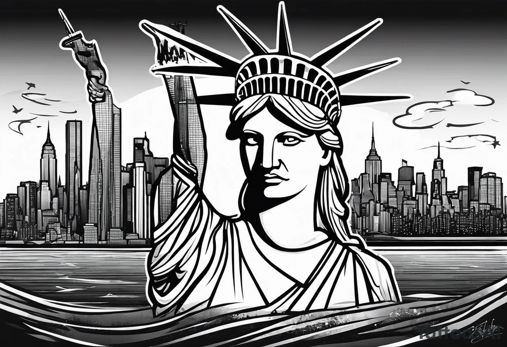New york city skyline with Statute of liberty head in the background. White outline around head. Below the skyline in grafitti style text "NO QUIT" in the negative white space with shading around it. Put ice skating marks through the text and throughout the image tattoo idea