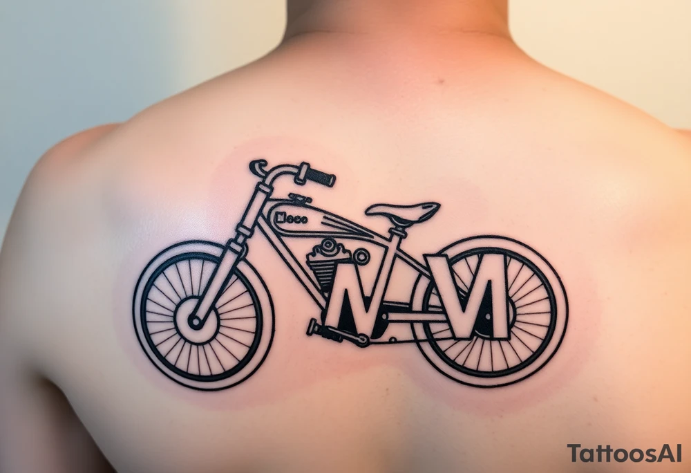 A stylized recumbent with integrated frame lettering spelling out JWM 4” long. tattoo idea