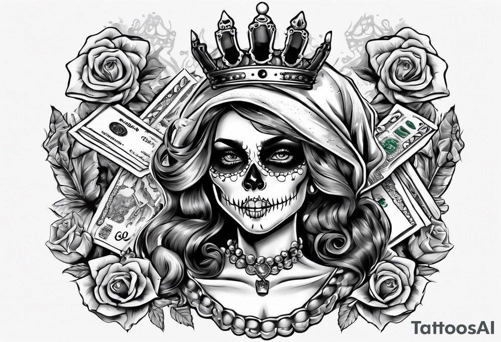 santa la muerta with money and crown
on the card tattoo idea