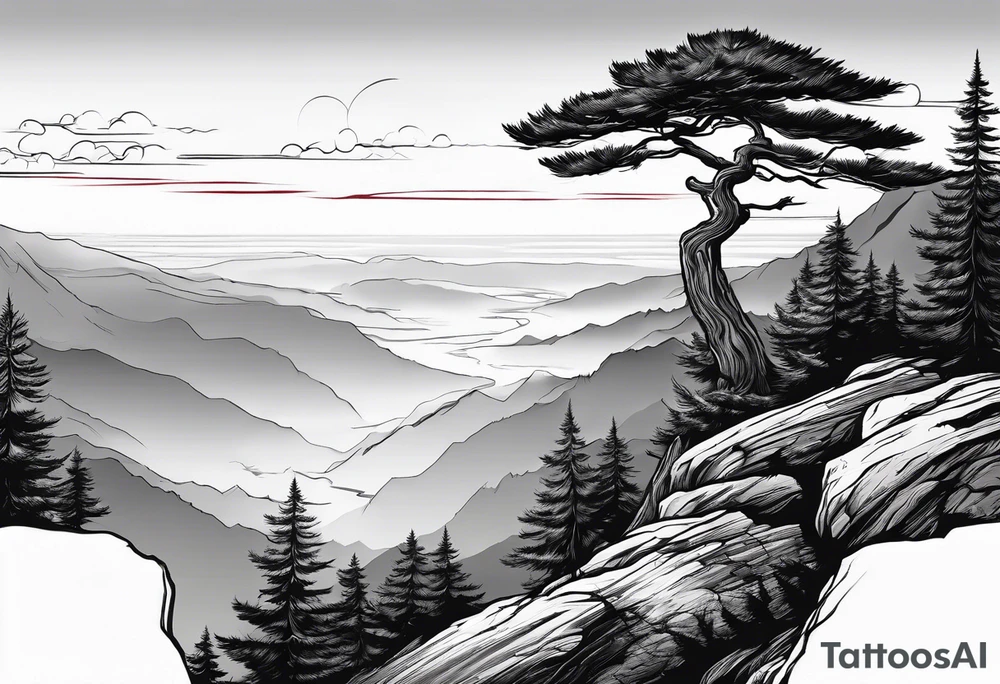 red pine tree on the edge of a cliff tattoo idea