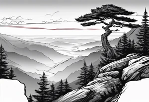 red pine tree on the edge of a cliff tattoo idea