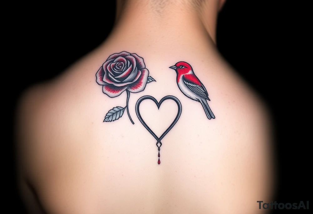 Small Feminine red rose and red robin with a infinity heart on hip tattoo idea