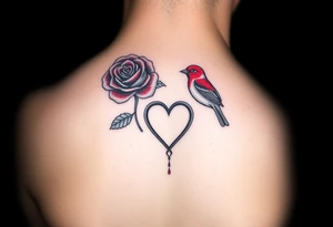 Small Feminine red rose and red robin with a infinity heart on hip tattoo idea