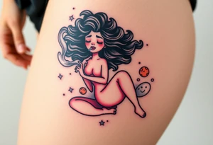 Curly haired Woman smoking while floating in outer space tattoo idea