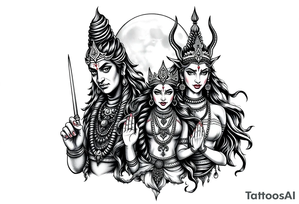 Lord Shiva, Godess Kali, Godess Lilith Together with the moon in the background tattoo idea