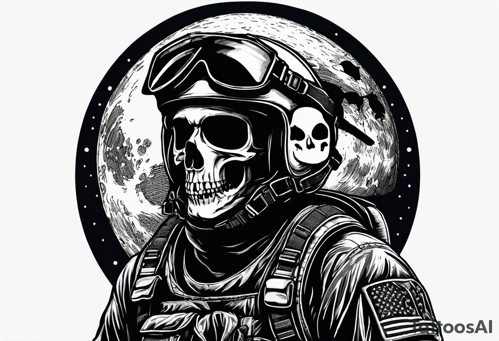 Parachutist in front of a full moon. The moon looks like a skull tattoo idea