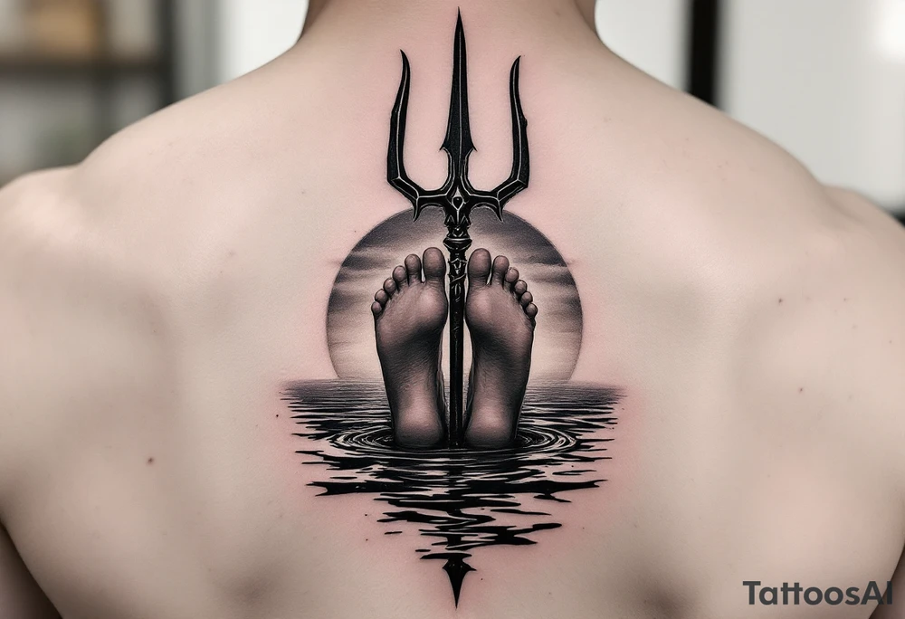 barefeet behind trident with water and sunset tattoo idea
