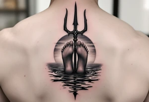 barefeet behind trident with water and sunset tattoo idea