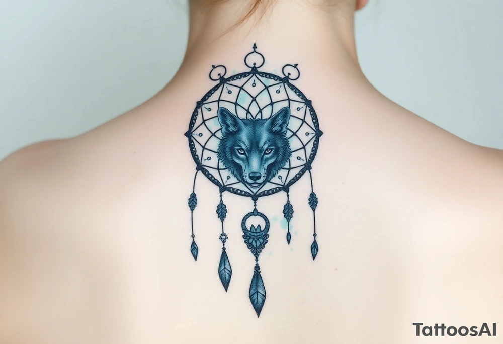Dreamcatcher with zodiac symbols and protection runes caught in it with wolf teal tattoo idea