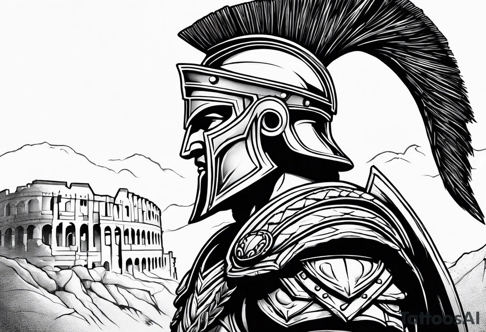 Side profile Spartan Solider ancient roman city in the background tattoo idea Side profile Spartan Solider ancient roman city in the background tattoo idea