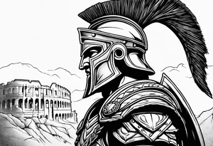 Side profile Spartan Solider ancient roman city in the background tattoo idea