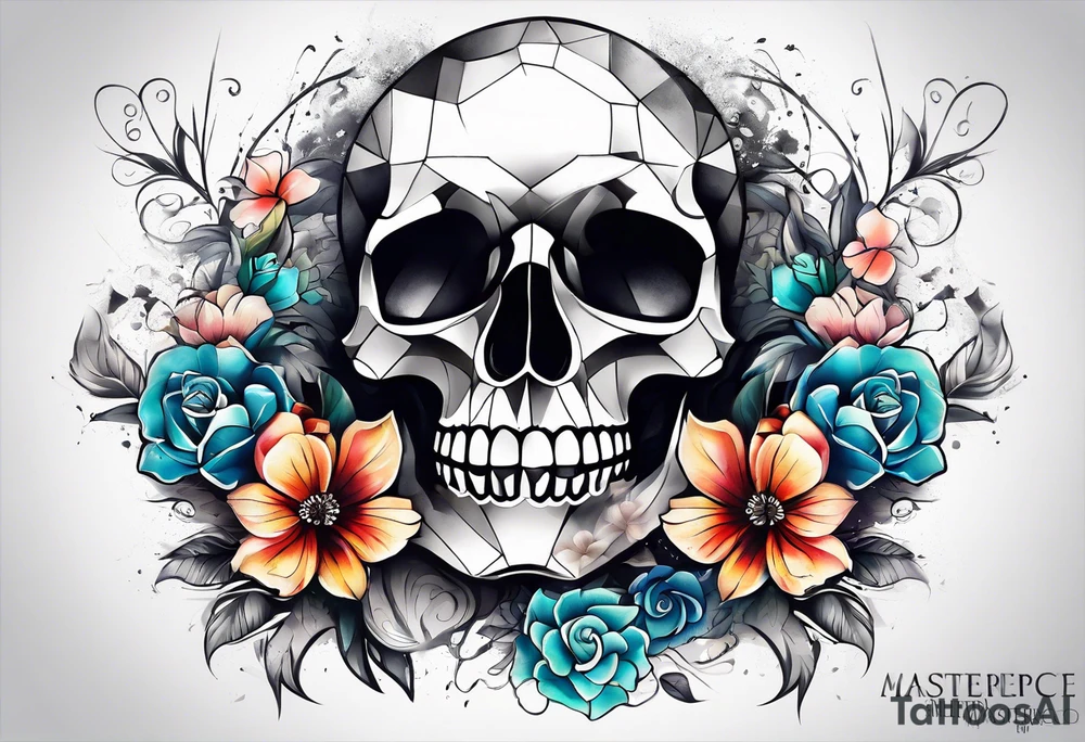 front knee tattoo with flowers & skulls, swirls & water washes, background washes tattoo idea