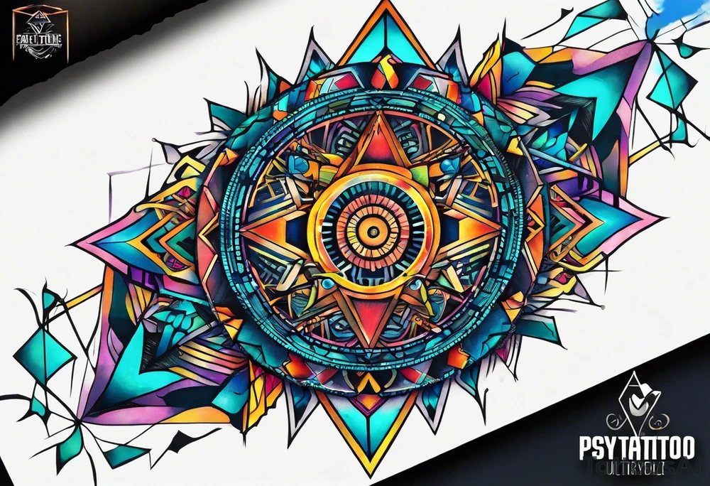 A tattoo design featuring geometric patterns and symbols inspired by psytrance and techno music, creating a unique and futuristic look. tattoo idea