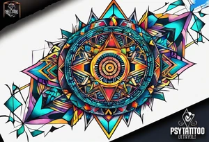 A tattoo design featuring geometric patterns and symbols inspired by psytrance and techno music, creating a unique and futuristic look. tattoo idea