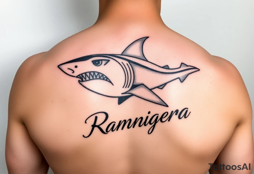 tribal hammer head shark with Rangiroa text on the back tattoo idea