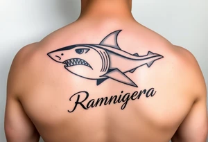 tribal hammer head shark with Rangiroa text on the back tattoo idea
