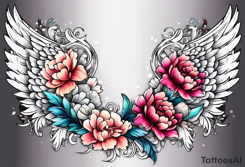 beautiful angel wings with colorful peonies. beautiful flilligree in the background tattoo idea