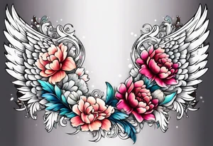beautiful angel wings with colorful peonies. beautiful flilligree in the background tattoo idea