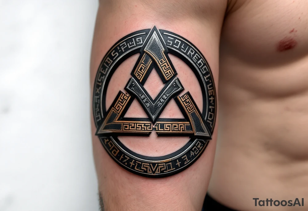 A heavy, Viking-style triskelion with a weathered iron or bronze texture, detailed with runes and Norse knotwork. Dark silver, deep copper, and black shading create a rugged, ancient look, symbolizing strength, resilience, and fate. tattoo idea